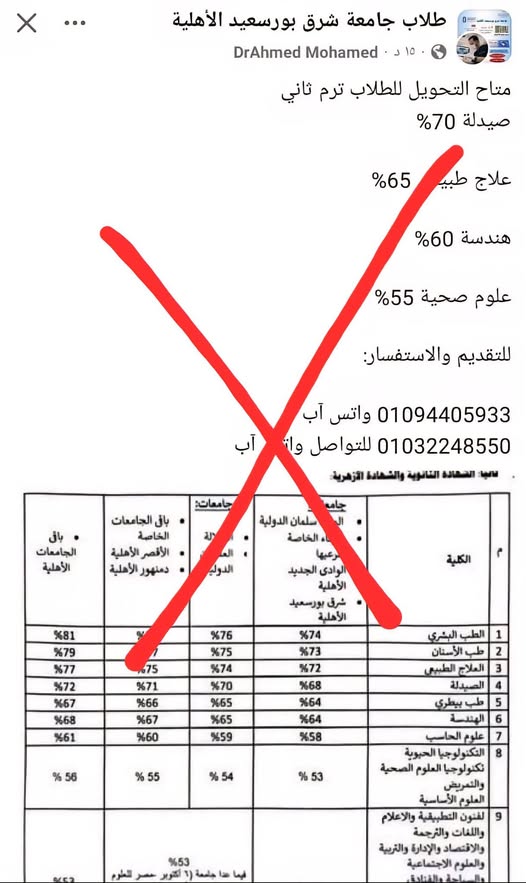 تنويه رسمي من جامعة شرق بورسعيد الأهلية بشأن التقديم والتحويل